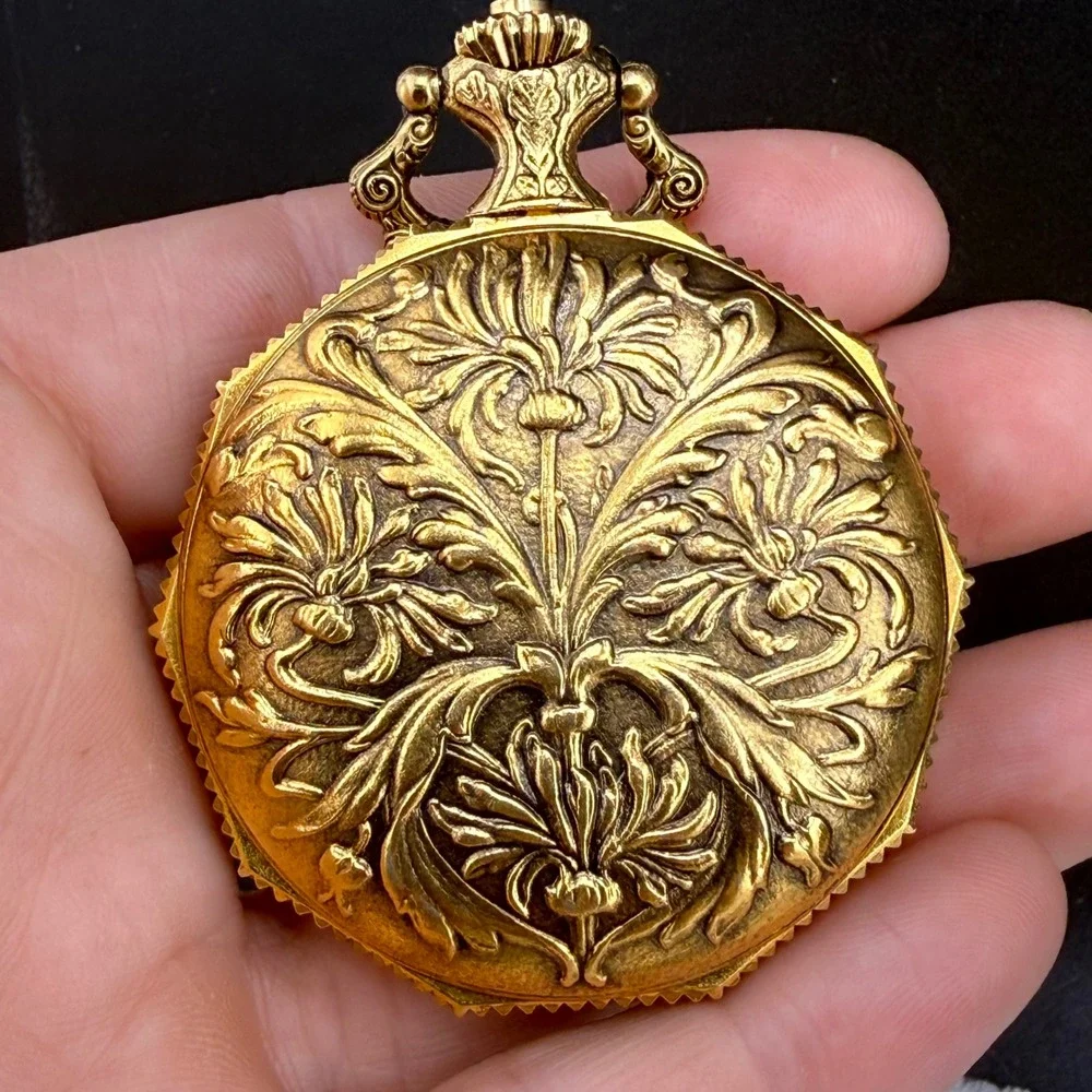 Vintage Majestime Pocket Watch Gold Tone Skeleton Car  Floral Working